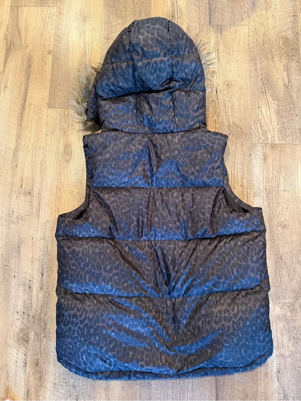 Coach Leopard Brown Quilted Vest with Faux Fur  Hood Large